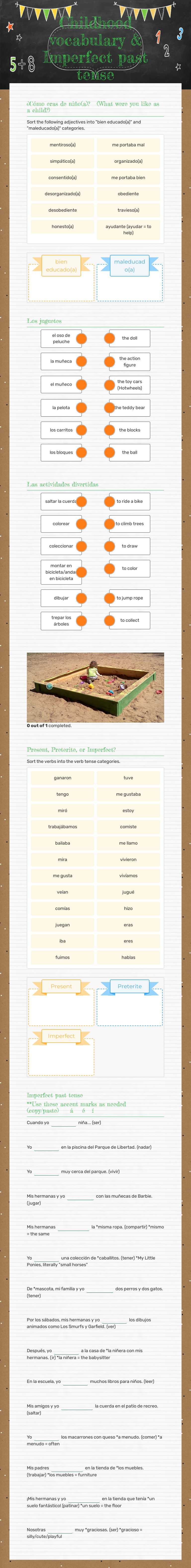 Childhood vocabulary & Imperfect past tense worksheet preview image
