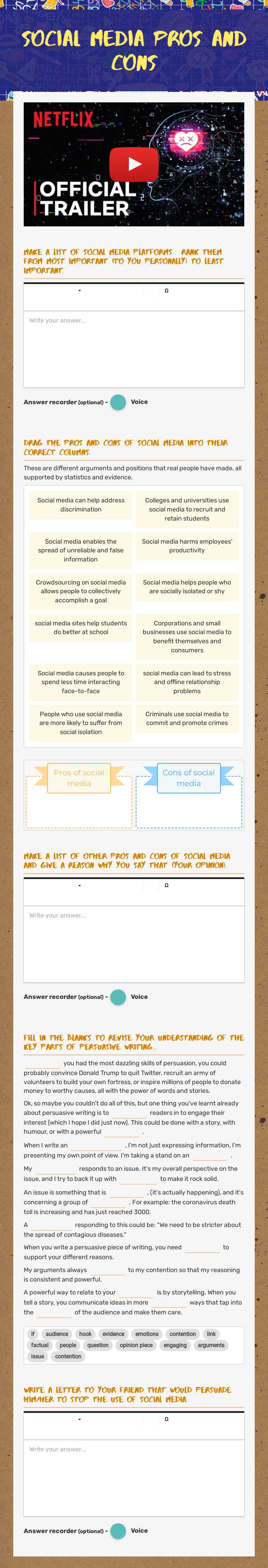 SOcial Media pros and cons Grade 9 worksheet preview