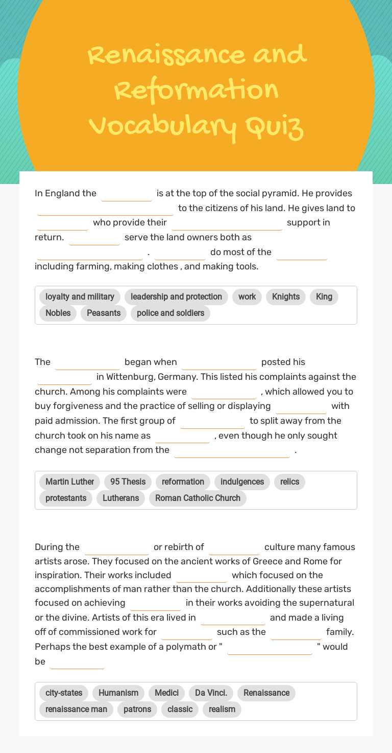Renaissance and Reformation
Vocabulary Quiz worksheet preview image