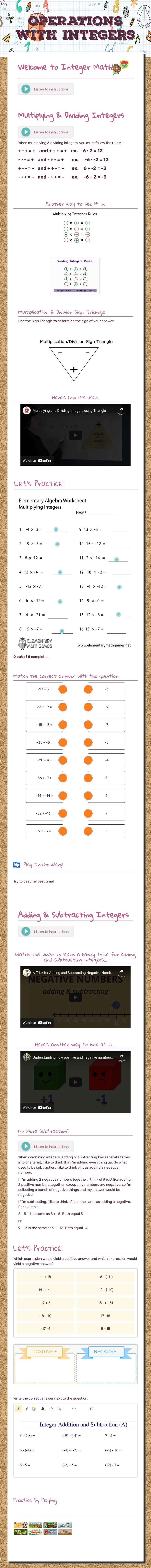 Operations with Integers worksheet preview image