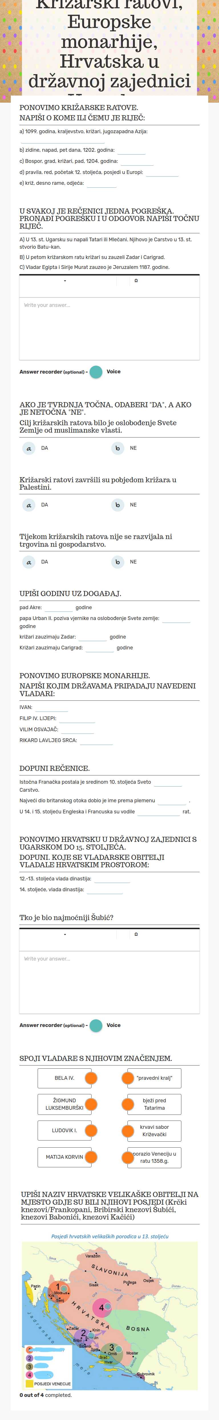 Ponavljanje (22.01.): Križarski ratovi, Europske monarhije, Hrvatska u državnoj zajednici s Ugarskom, Vladari i plemići worksheet preview image