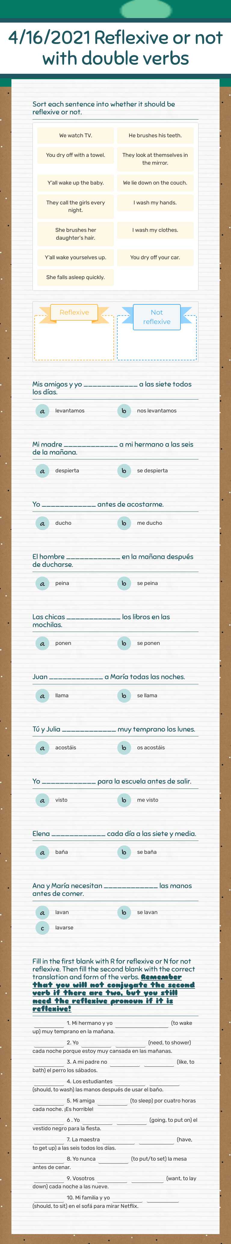 4/16/2021 Reflexive or not with double verbs worksheet preview image