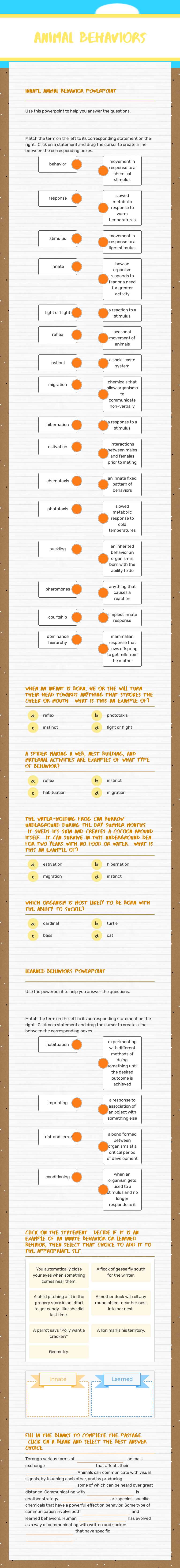 Animal Behaviors worksheet preview image