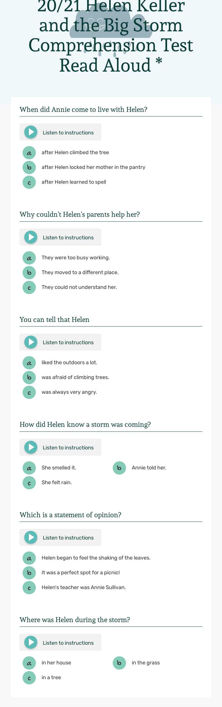 20/21 Helen Keller and the Big Storm Comprehension Test Read Aloud * worksheet preview image