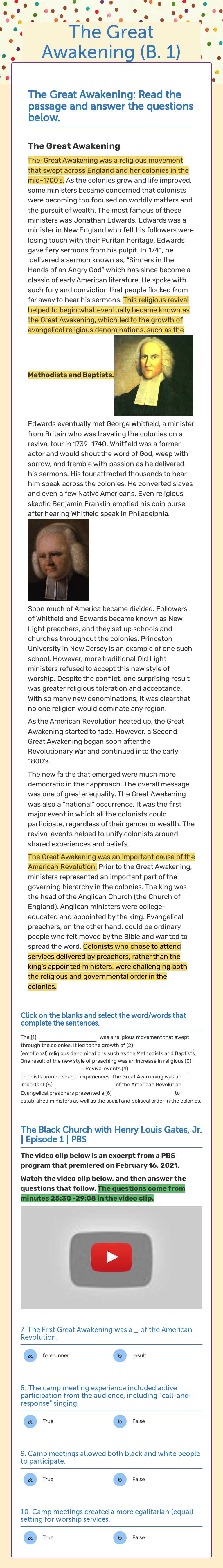 The Great Awakening (B. 1) worksheet preview image