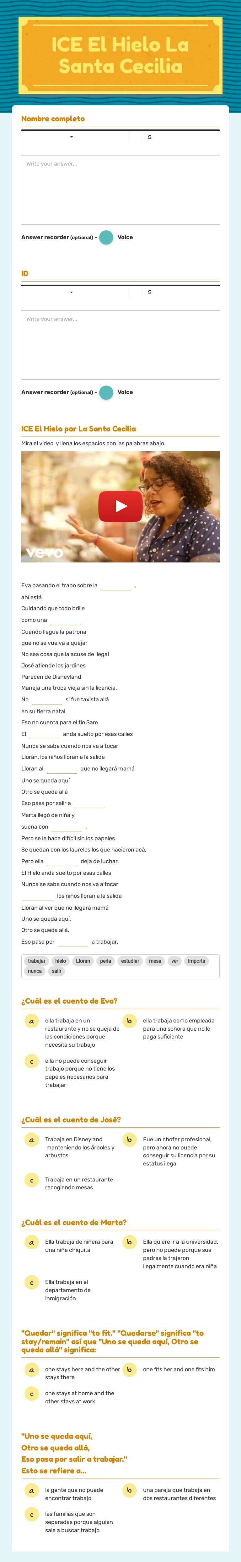 ICE El Hielo 
La Santa Cecilia Grade 10 worksheet preview