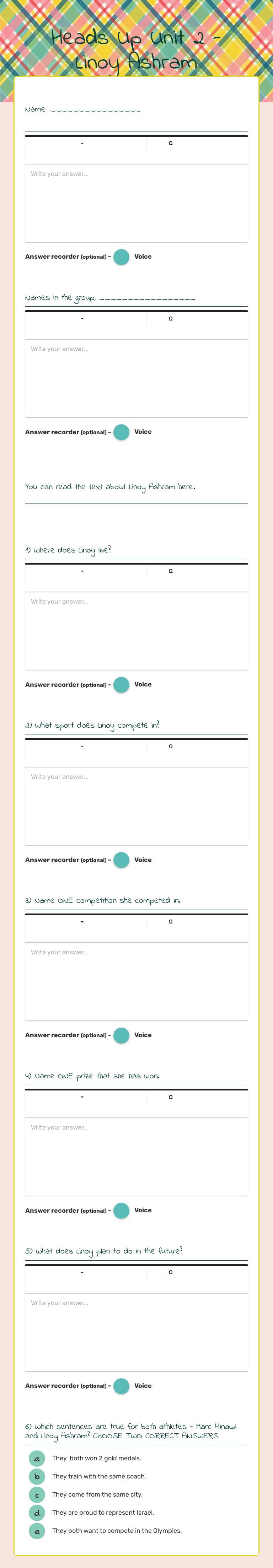 Heads Up Unit 2 - Linoy Ashram worksheet preview image