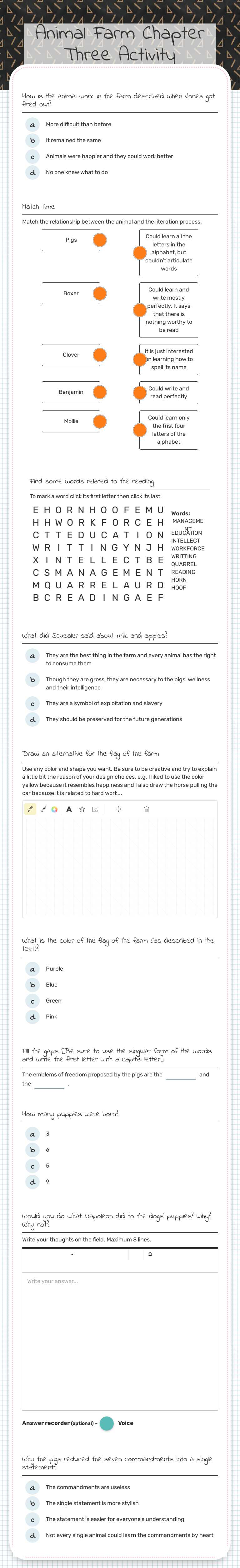 Animal Farm Chapter Three Activity worksheet preview image