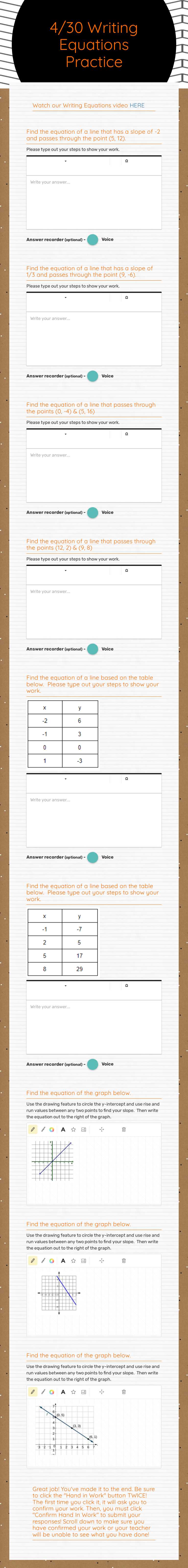 4/30 Writing Equations Practice Grade 9 worksheet preview