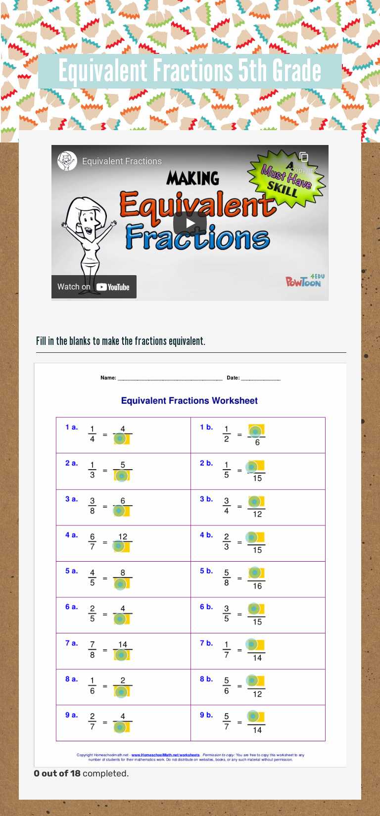 Equivalent Fractions

5th Grade Grade 4 worksheet preview