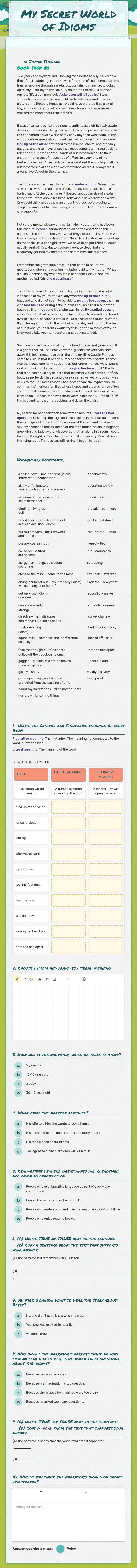 My Secret World of Idioms Grade 10 worksheet preview