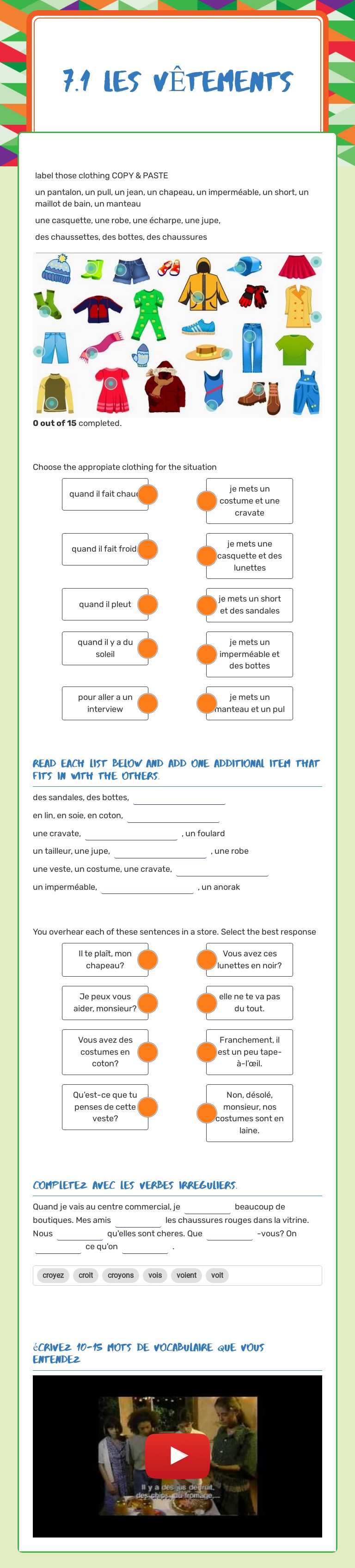 7.1 les VÊTEMENTS worksheet preview image