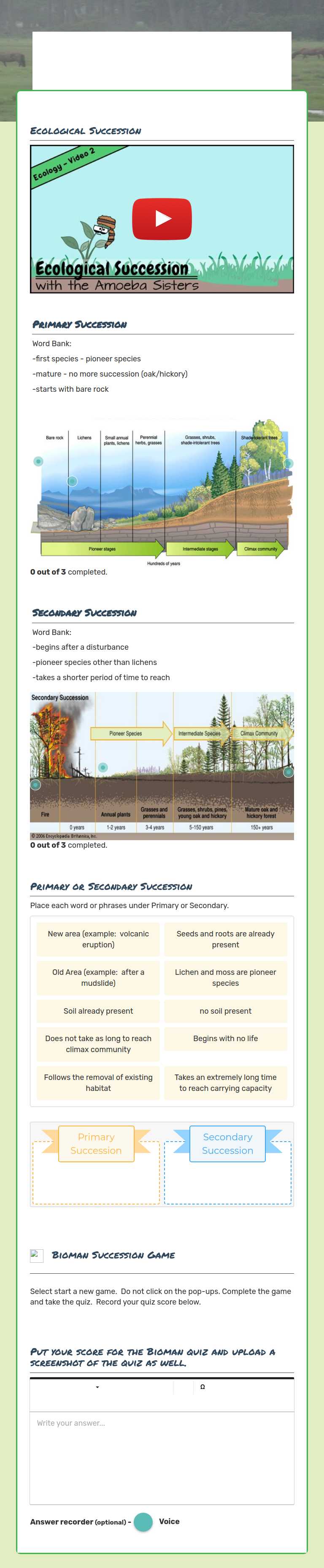 EEcological Succession worksheet preview image