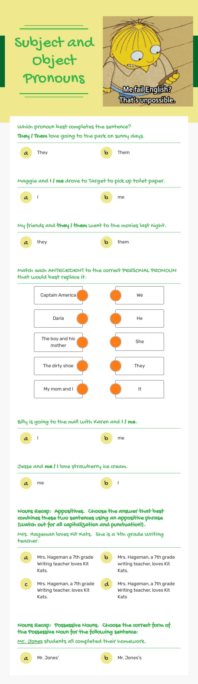 Subject and Object Pronouns Grade 7 worksheet preview