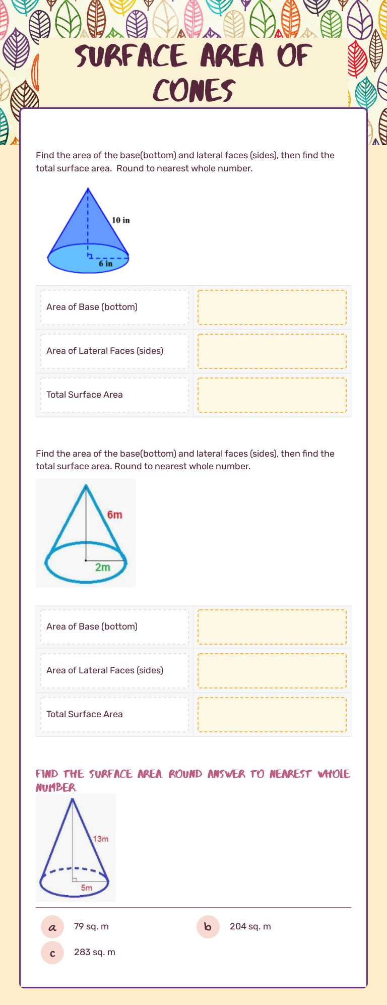 Surface area of Cones worksheet preview image