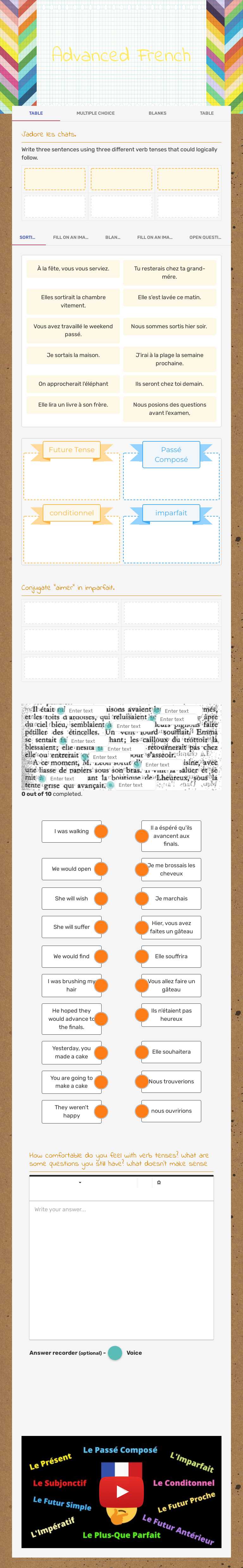 Advanced French worksheet preview