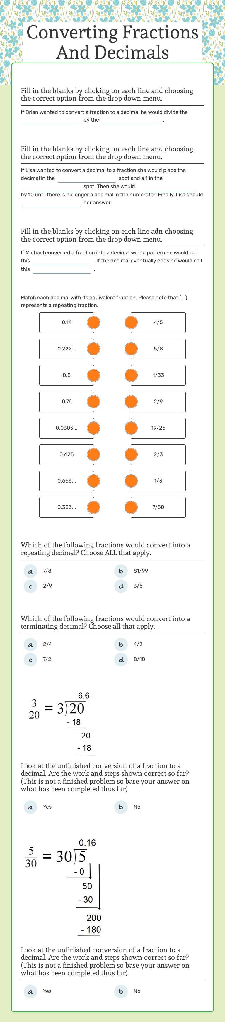 Converting Fractions And Decimals worksheet preview image