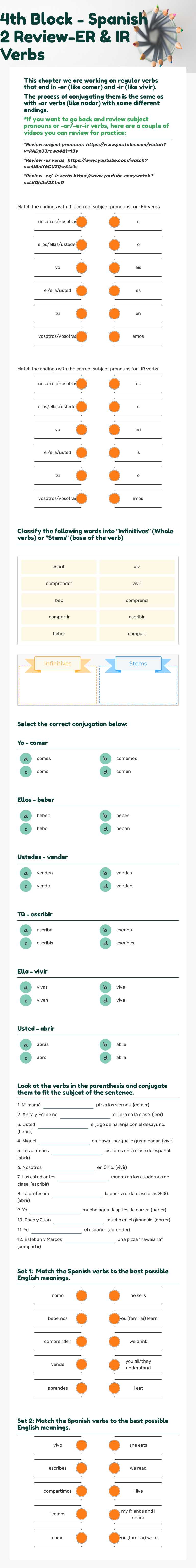1st Block - Grammar: Present tense of ER & IR Verbs Grade 10 worksheet preview