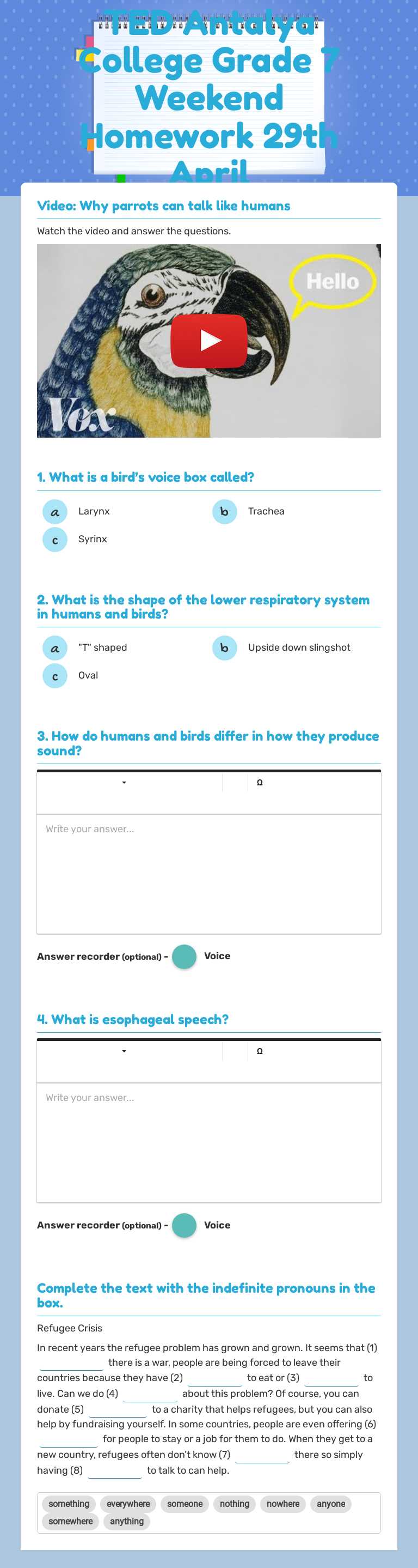 TED Antalya College Grade 7 Weekend Homework 29th April worksheet preview image