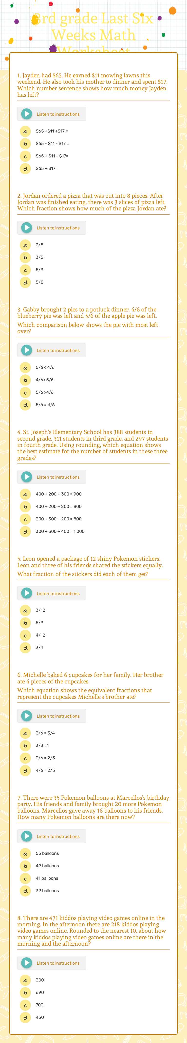 3rd grade Last Six Weeks Math Worksheet Grade 3 worksheet preview