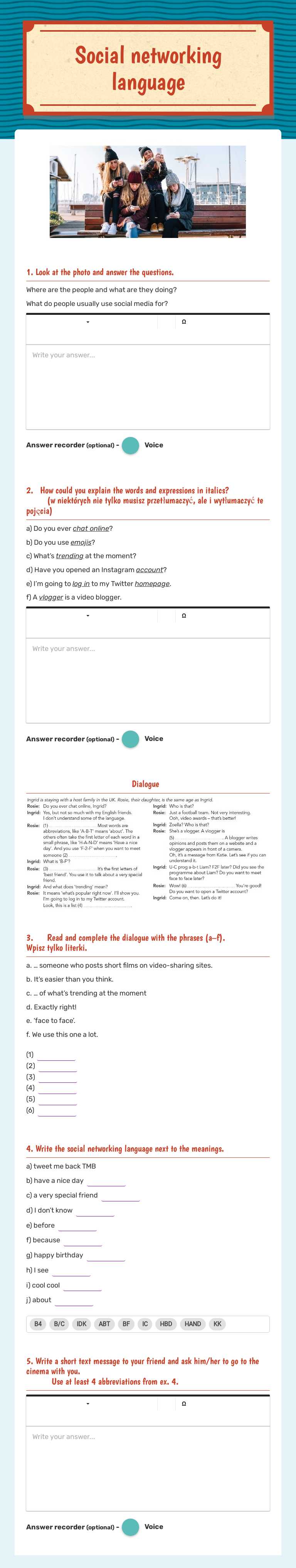 Social networking language worksheet preview image
