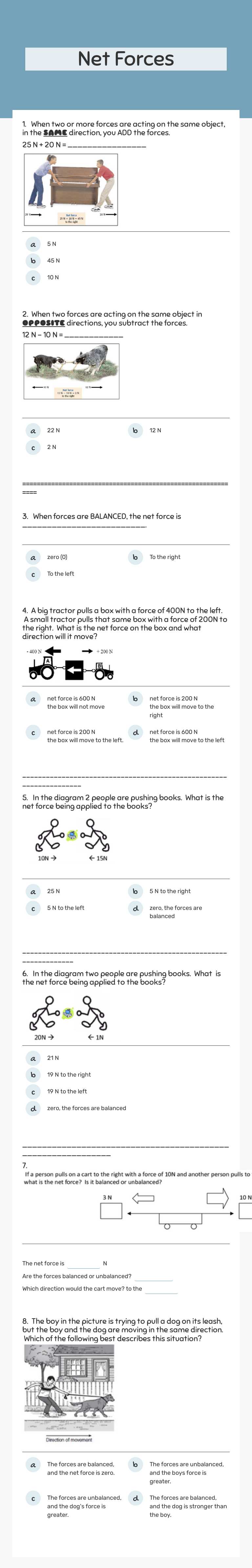 Net Forces worksheet preview image