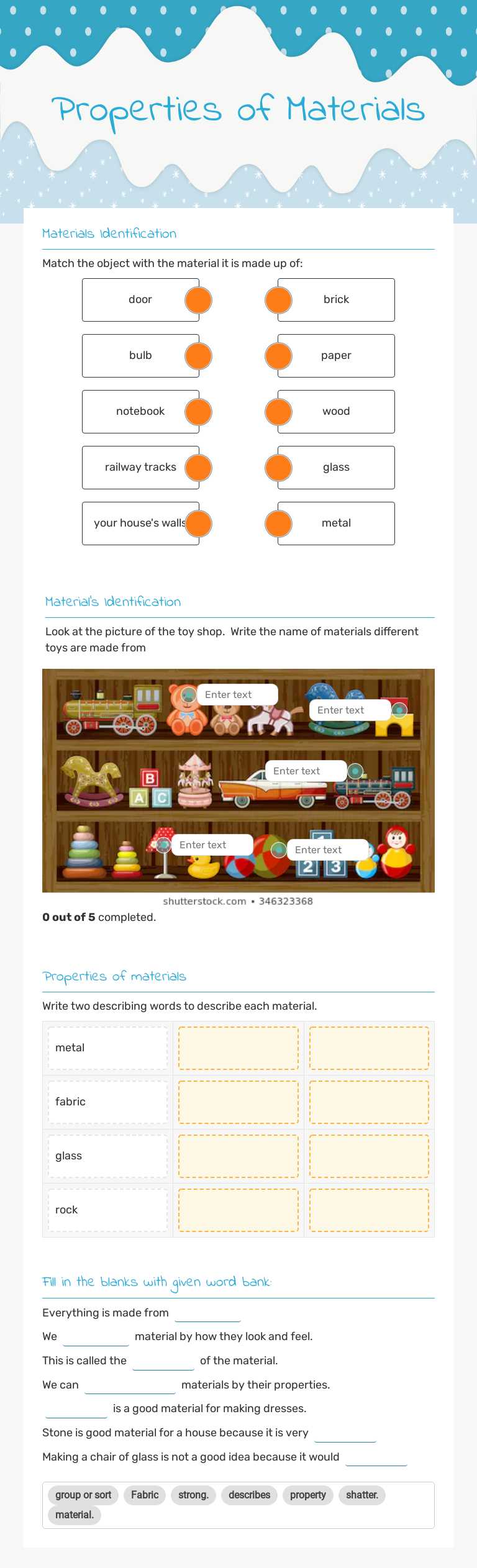 Properties of Materials worksheet preview image