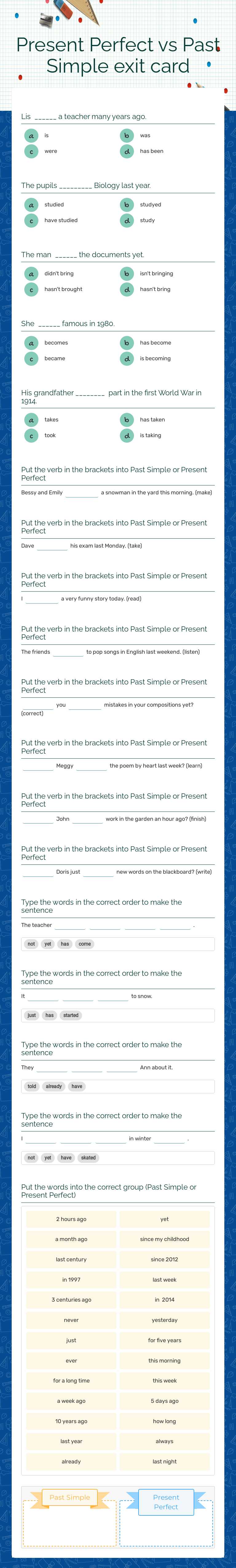 Present Perfect vs Past Simple  
exit card worksheet preview image