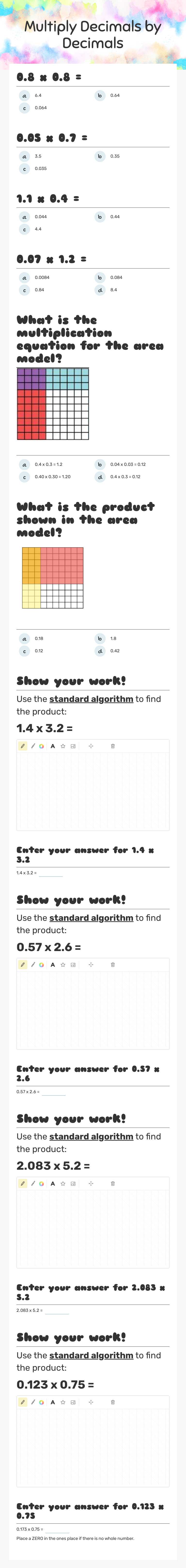 Multiply Decimals by Decimals Grade 6 worksheet preview