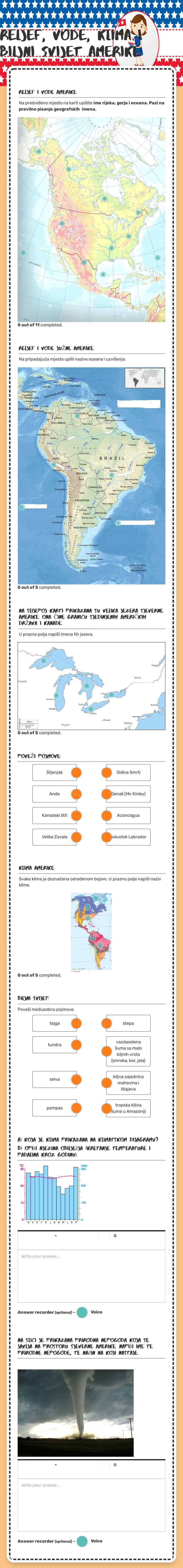 RELJEF, VODE, KLIMA i biljni svijet amerike worksheet preview image