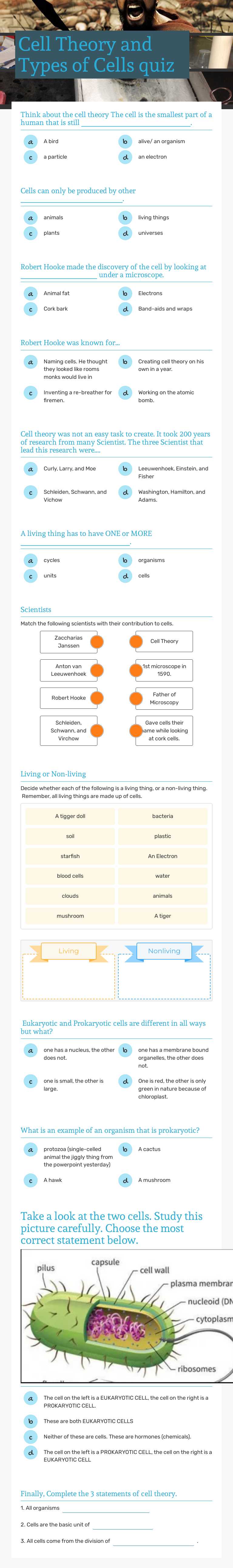 Cell Theory and Types of Cells quiz worksheet preview image