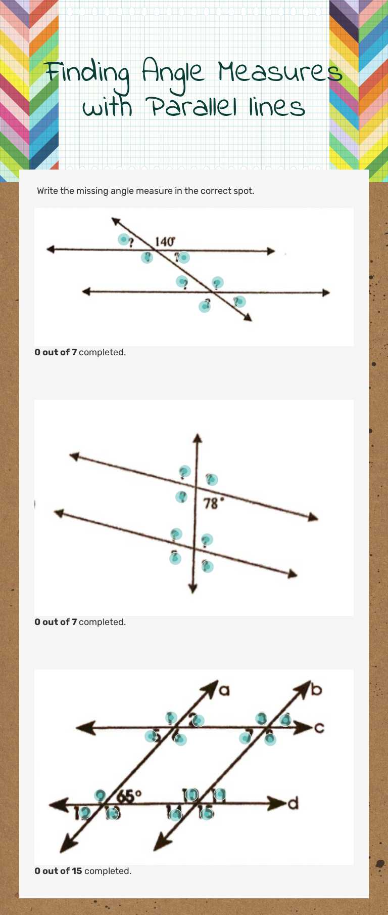 Finding Angle Measures with Parallel lines worksheet preview image