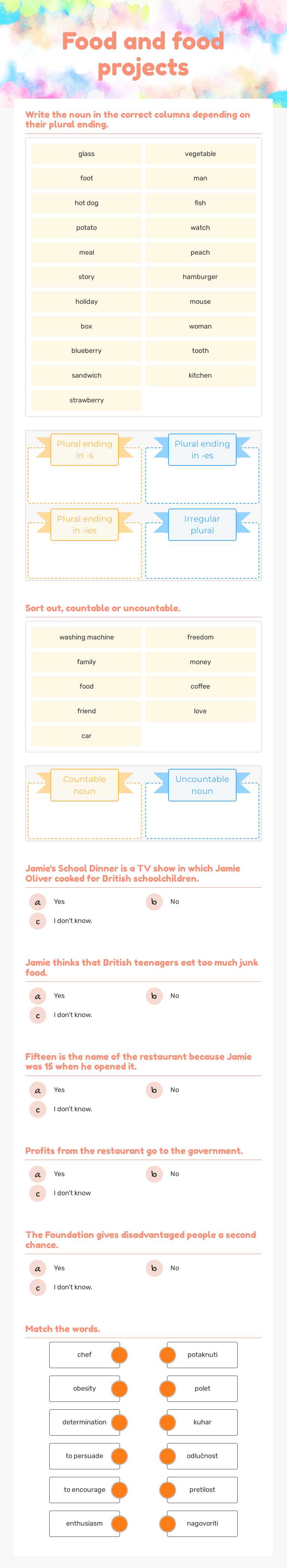 Food and food projects worksheet preview image