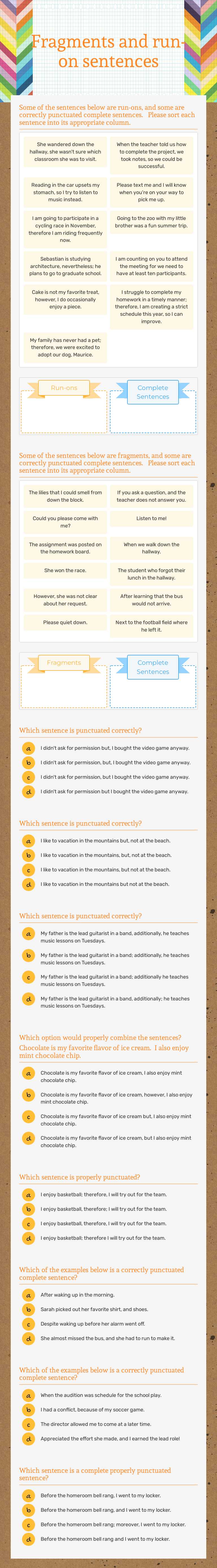 Fragments and run-on sentences Grade 7 worksheet preview