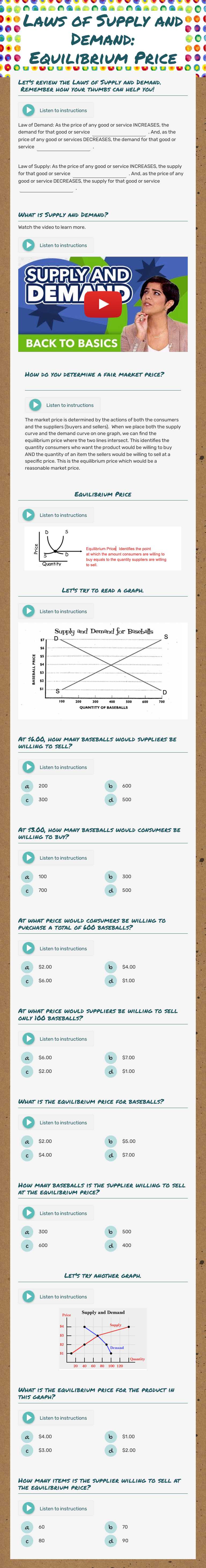 Laws of  Supply and  Demand:  Equilibrium Price worksheet preview image