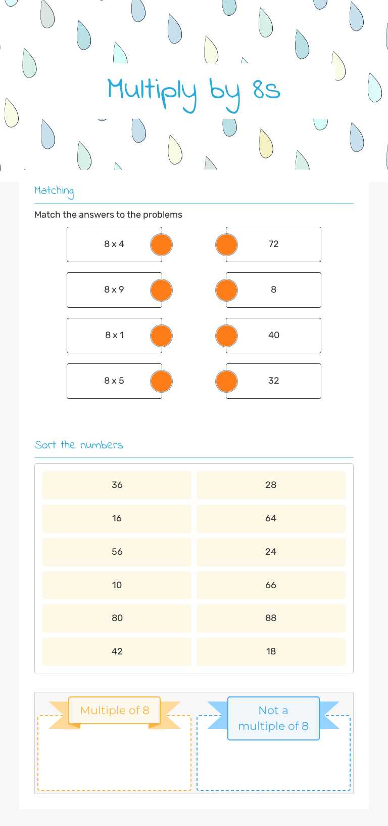 Multiply by 8s worksheet preview image