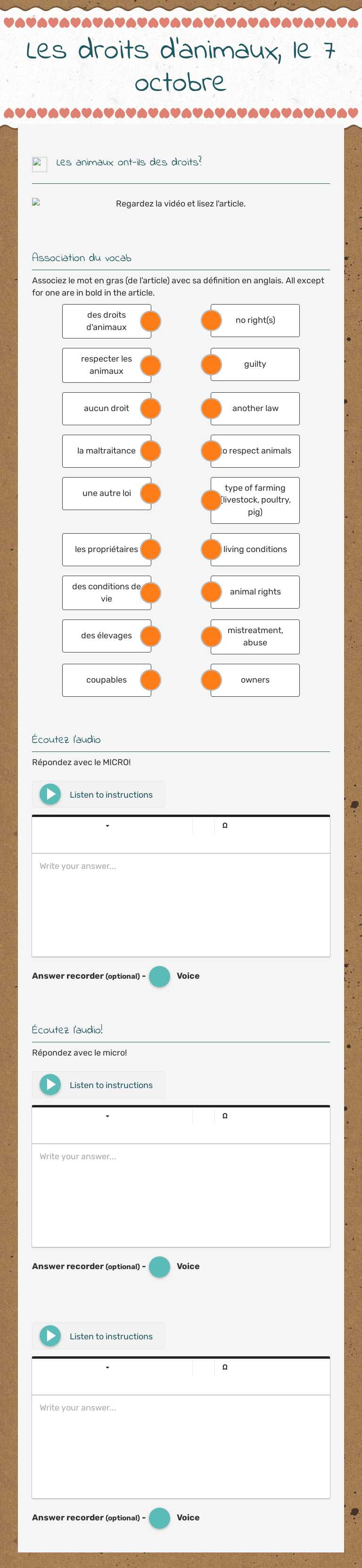 Les droits d'animaux, le 7 octobre worksheet preview image