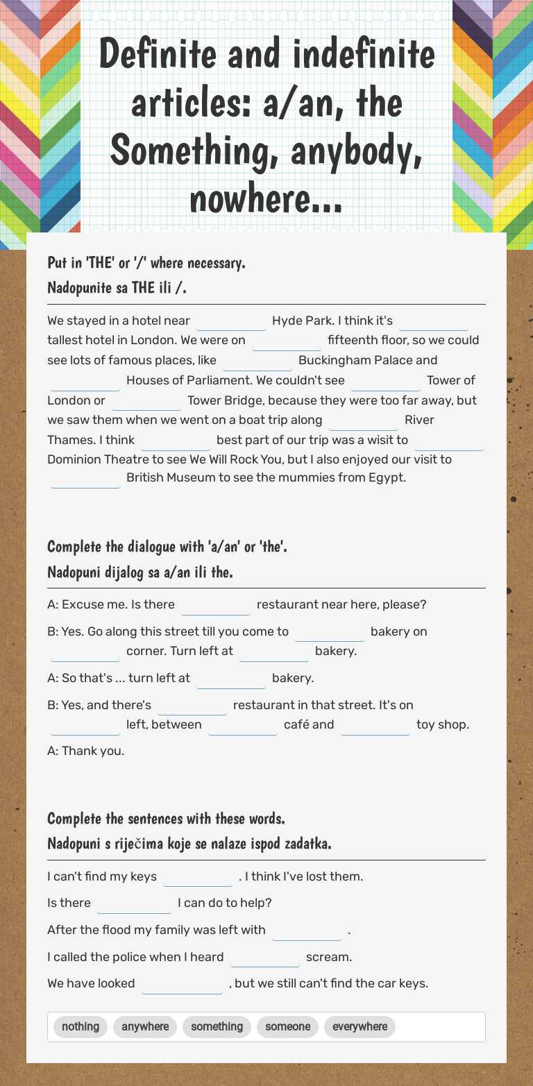 Definite and indefinite articles: a/an, the
Something, anybody, nowhere... worksheet preview image