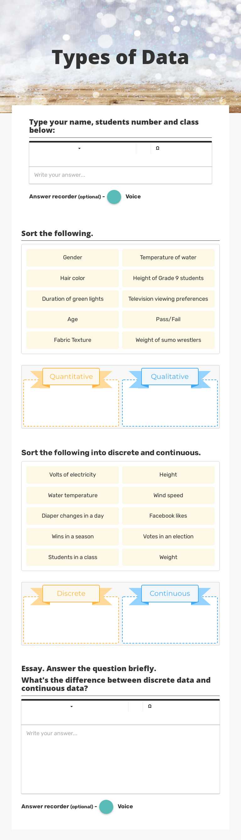 Types of Data worksheet preview image