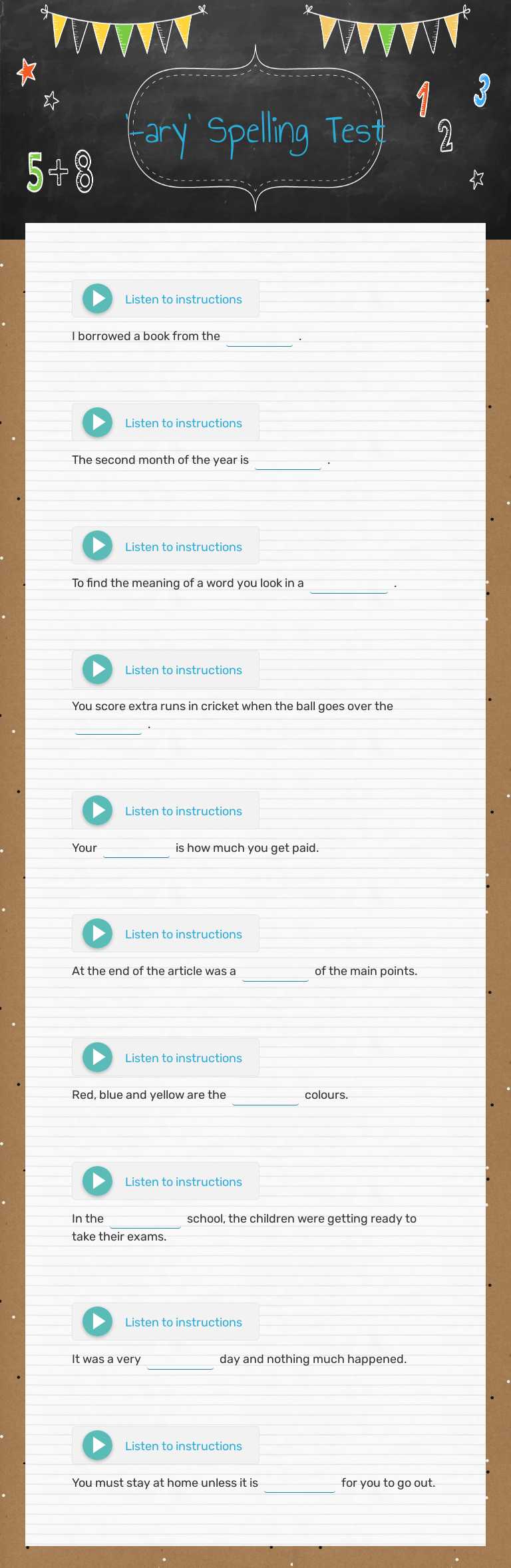 '-ary' Spelling Test Grade 3 worksheet preview