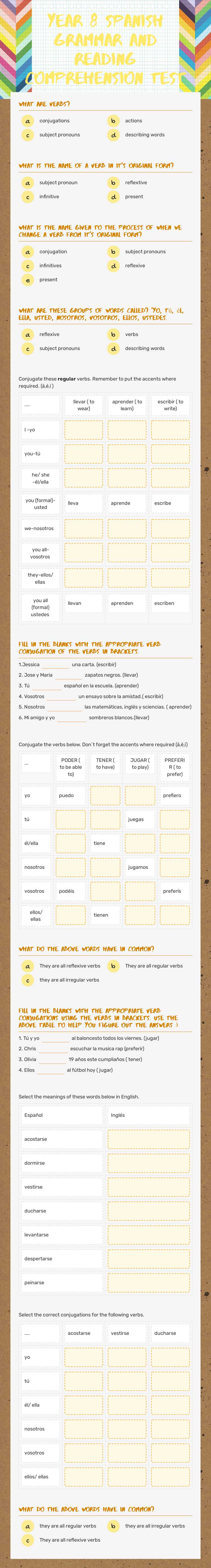 Year 8 spanish Grammar and reading comprehension test Grade 8 worksheet preview
