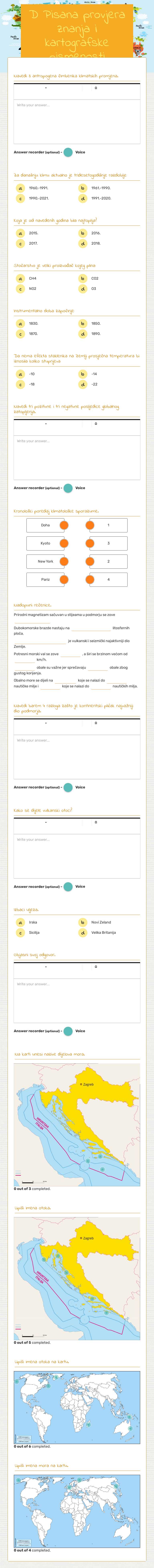 D Pisana provjera znanja i kartografske pismenosti worksheet preview image