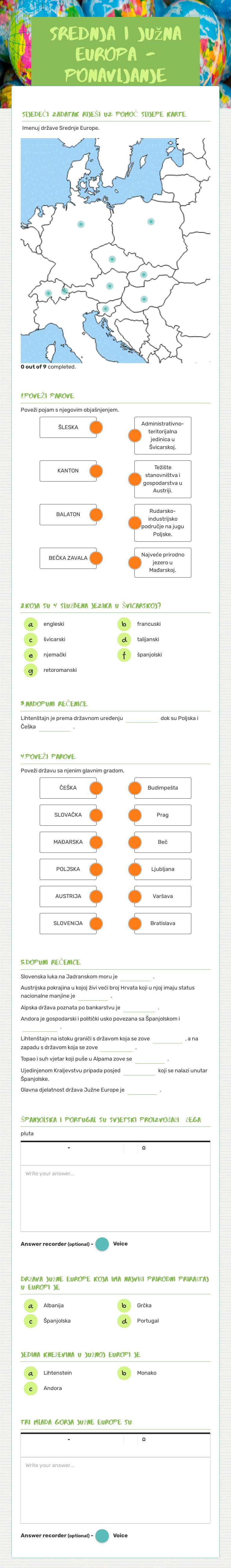 srednja i južna europa - ponavljanje worksheet preview image