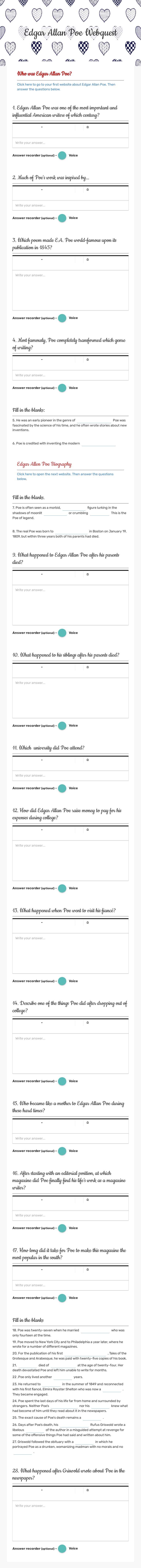 Edgar Allan Poe Webquest worksheet preview