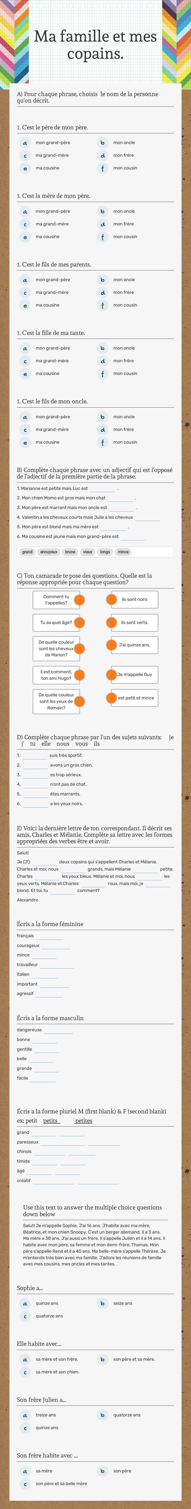 Ma famille et mes copains. worksheet preview image