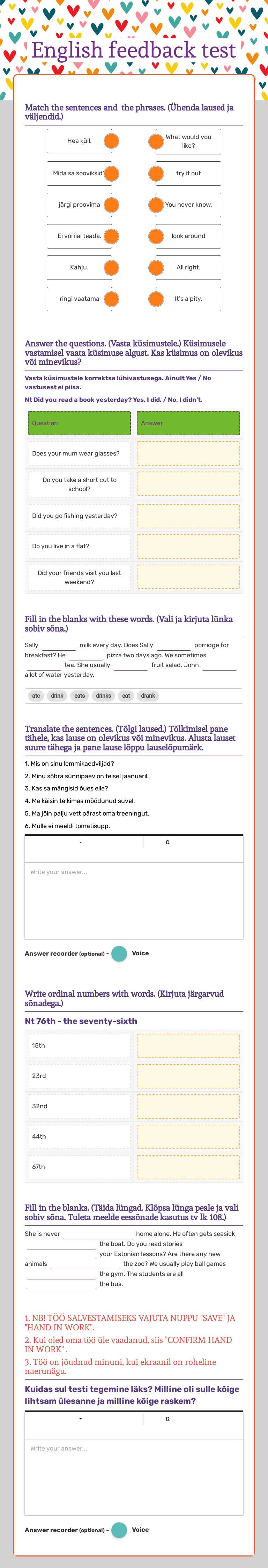 English feedback test worksheet preview image