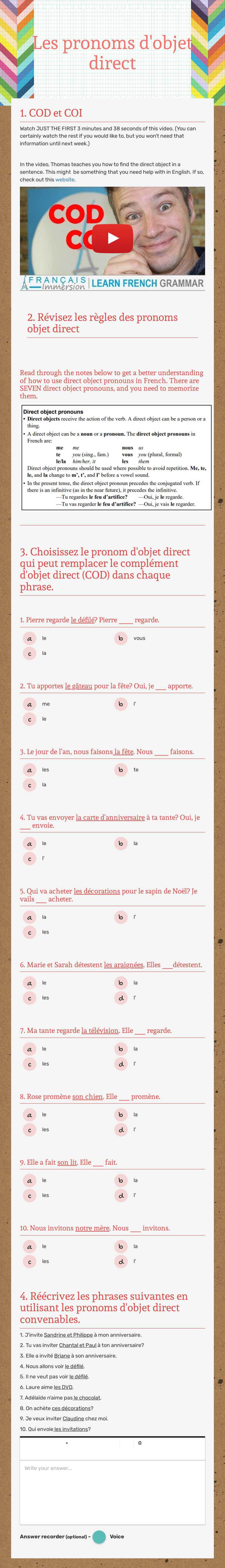 Les pronoms d'objet direct worksheet preview image