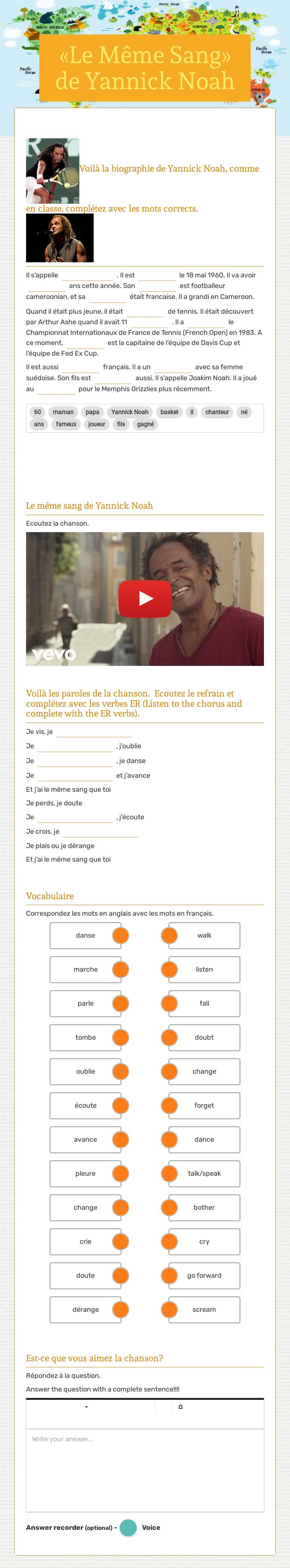 «Le Même Sang» de Yannick Noah worksheet preview image