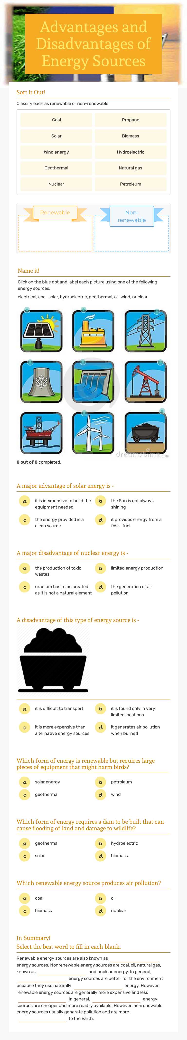 Advantages and Disadvantages of Energy Sources Grade 7 worksheet preview