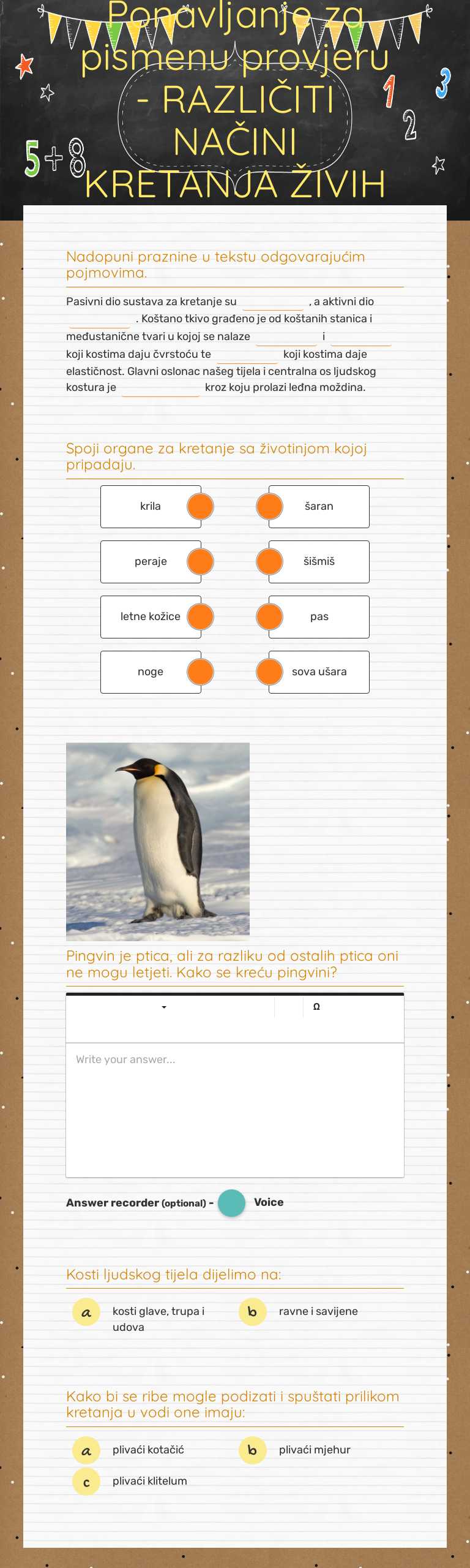 Ponavljanje za pismenu provjeru - RAZLIČITI NAČINI KRETANJA ŽIVIH BIĆA, kraći listić worksheet preview image